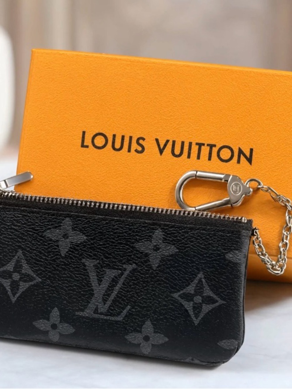 L.V. Black Monogram Mini Key Pouch with Silver Chain